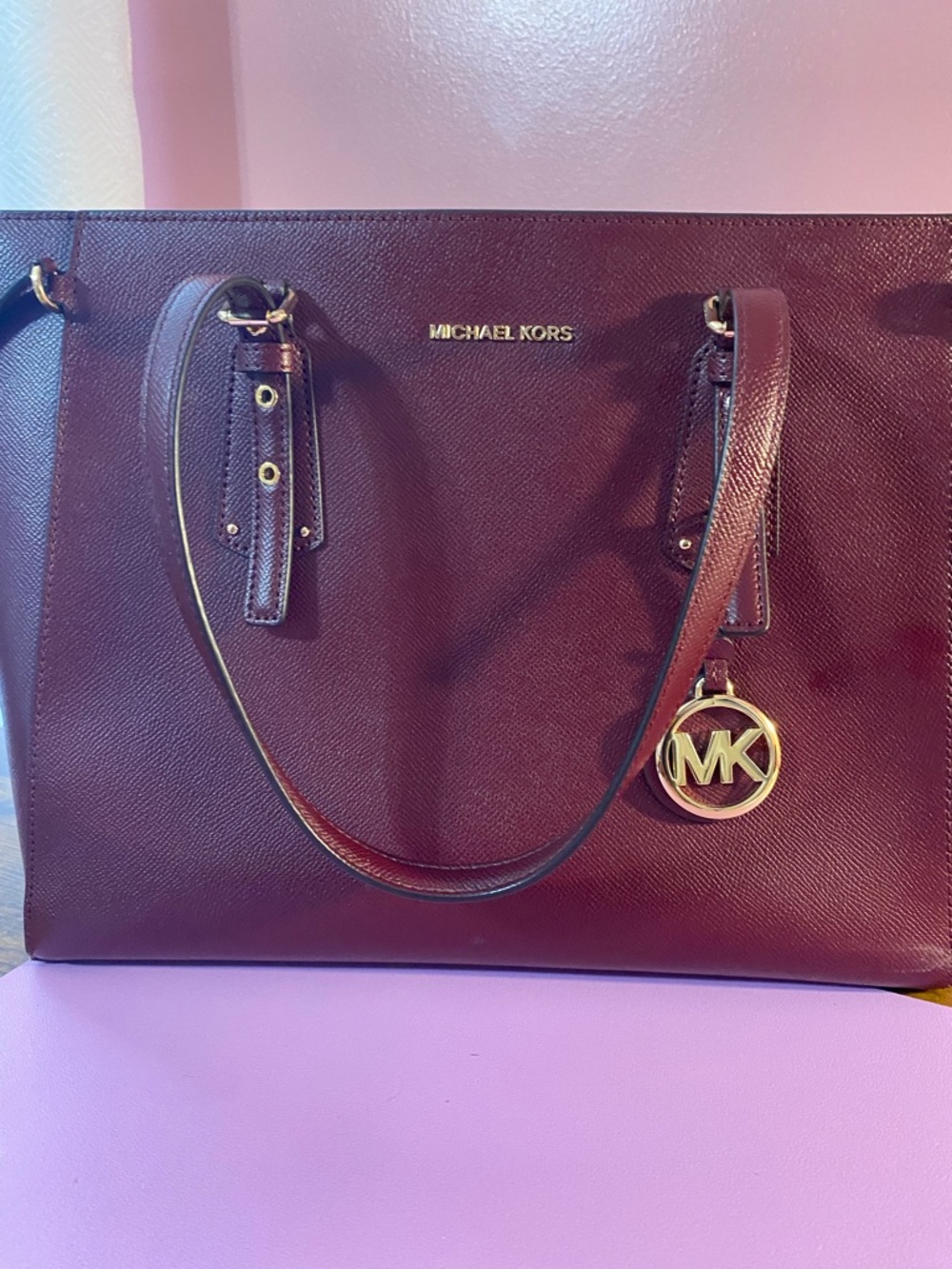 Michael Kors Burgundy Leather Tote with Gold MK Charm
